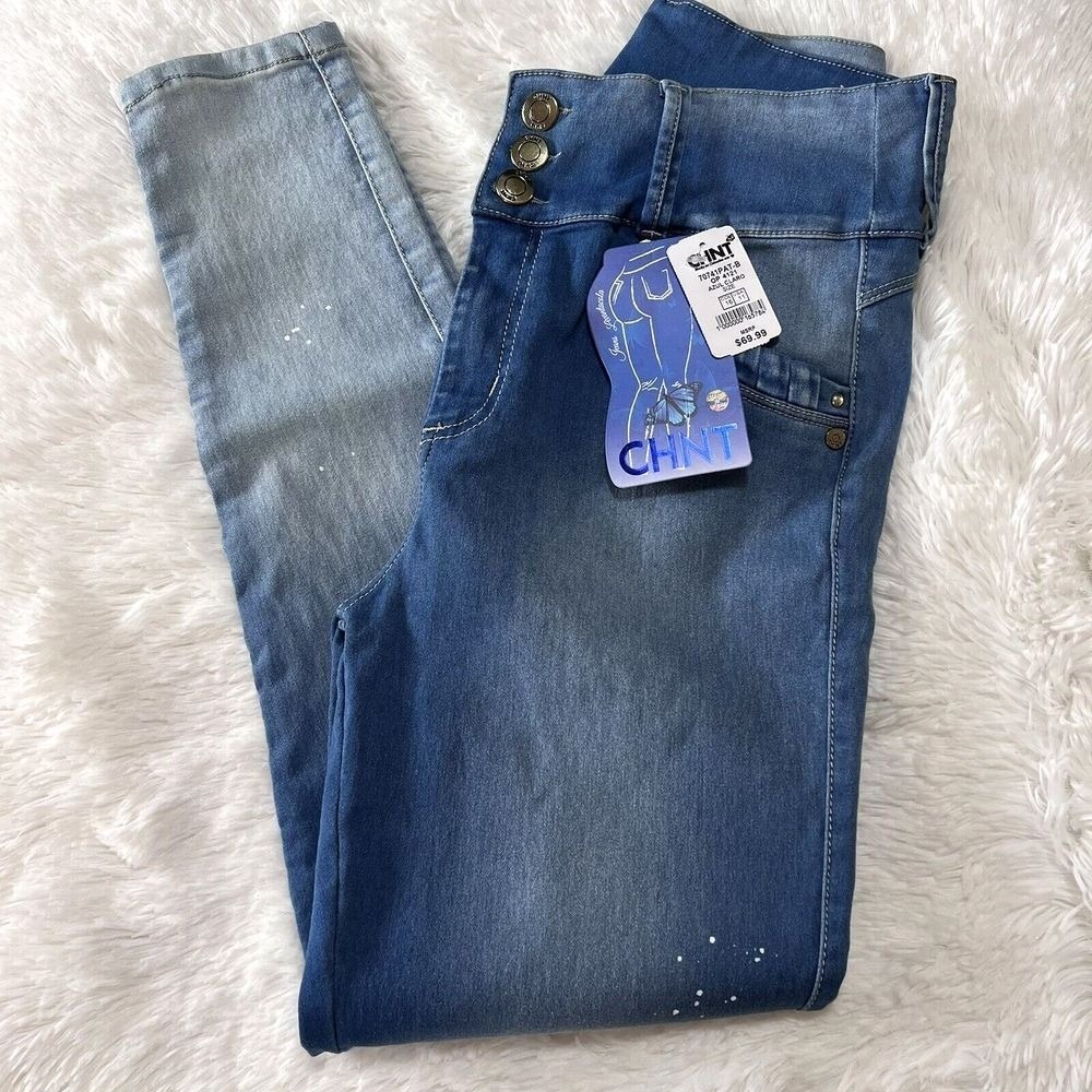 CHNT Women's Jeans Light Blue Stretch Skinny with‎ High Waist White Dots 11 US